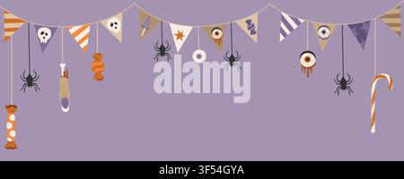 Hand-drawn Halloween banner template, scary party bunting flags garland with bloody eyeball, spider, sweets for special offer Stock Vector