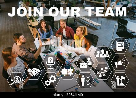 Creative Coworkers Giving High-Five In Office, Join Our Team Collage Stock Photo