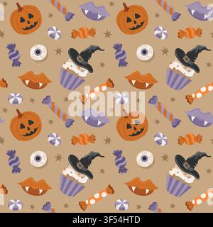 Hand-drawn Halloween seamless pattern with trick-or-treat candy and cupcake, eyeball, vampire lips and Jack-o-lantern pumpkin Stock Vector