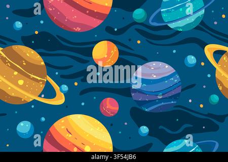 Seamless pattern with blue planets and stars in textured vector style background. Stock Vector