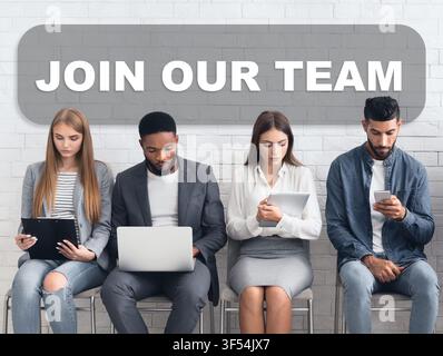 Business people waiting for job interviews on gray background, collage Stock Photo
