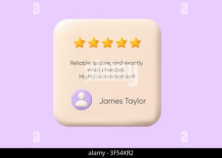 Purple 3d testimonial card template with customer review feedback five star rating user icon and modern minimal layout on a pastel background Stock Vector