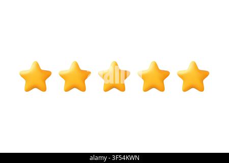 Five gold 3d star icons form a customer review rating symbol for quality feedback evaluation and excellent service isolated on a white background Stock Vector