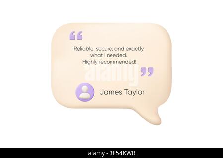A beige 3d speech bubble contains a client testimonial review with purple quotation marks user icon and clean minimal feedback layout Stock Vector