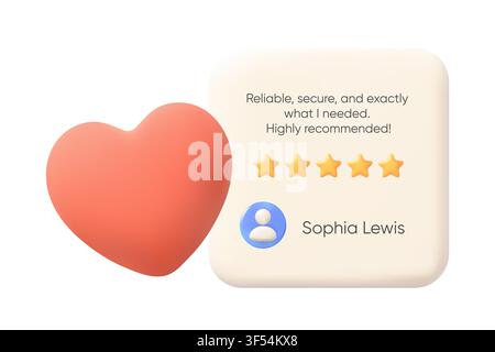 A red 3d heart accompanies a customer testimonial card with five star review rating feedback user icon and clean white background Stock Vector