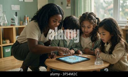 A Black female elementary teacher crouches beside a small group of three students gathered around a tablet, guiding them through 2. Stock Photo