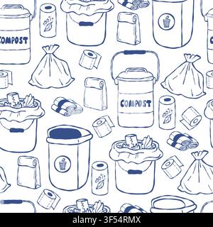 Seamless Pattern of Household Waste Management and Composting. Garbage Bin, Compost Bucket, and Trash Bag Roll on White Background. Zero Waste and Eco Stock Vector