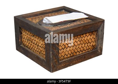 paper napkin in wooden box isolated on white background with clipping path Stock Photo