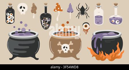 Hand-drawn Halloween witch cauldrons, potion bottles, poison, magic witch brew for seasonal magic decor, packaging, special offer Stock Vector