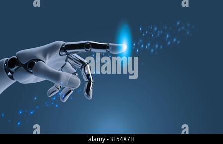 Hand robot technology pointing finger touchscreen future blue element digital automation machine button artificial intelligence business copy space sc Stock Photo