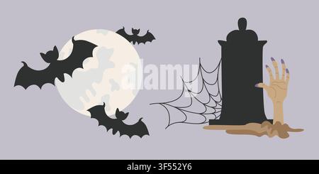 Hand-drawn Halloween designs, spider web, tombstone and zombie hand, full moon and bats for seasonal decor, party invitation Stock Vector