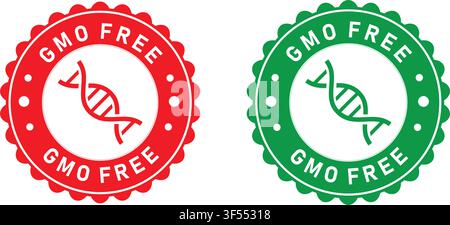 Red and Green GMO Free Labels with DNA Helix for Organic Food Packaging GMO Free Certification Seal Collection for Natural and Organic Products Non GM Stock Vector