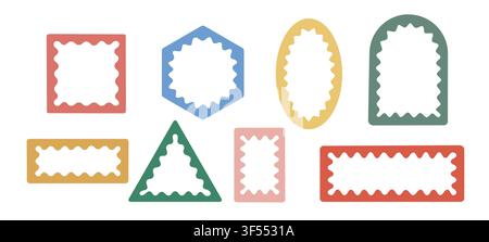 Playful border collection with scalloped edges and wiggly lines. Vintage-inspired decorative rectangles, bubble stamps, and cute cartoon graphics Stock Vector