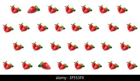 Rows of Single and Double of Vibrant Red Fresh Strawberries Pattern on White Background Stock Photo