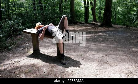 Woodland bench seat with man relaxing in the sunshine Stock Photo