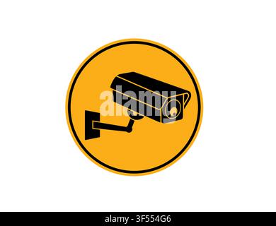 Surveillance Camera Icon in Yellow Warning Circle CCTV Security Camera Sign for Monitoring and Protection. Stock Vector