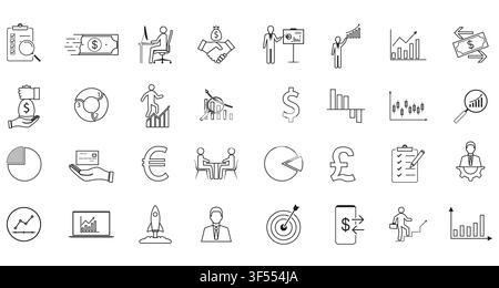 Business Finance Icon Set Featuring Money, Charts, Growth and Analytics Line Illustrations. Stock Vector