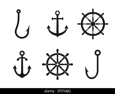 Nautical Anchor and Ship Wheel Icons With Fishing Hooks Black Maritime Vector Set. Stock Vector