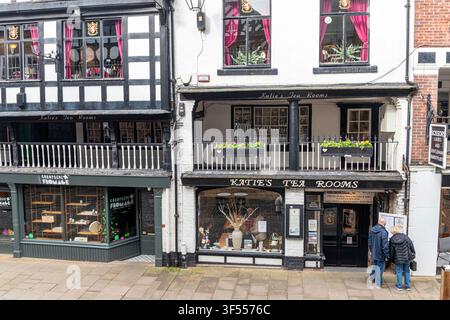 14th century Katies Tea Rooms in Watergate Row North two tiered shopping gallery in Watergate Street in the city of Chester, Cheshire, England UK Stock Photo