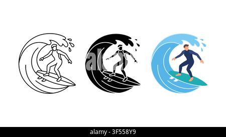 Surfing wave surfer icon set outline silhouette and color vector isolated on white background Stock Vector