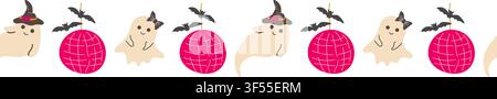 Cute halloween border pattern with disco ball, bat and ghost, washi tape. Vector illustration isolated. Stock Vector