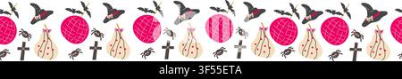 Cute halloween border pattern for washi tapes. Disco ball and witch hat with bat and pumpkins. Vector illustration isolated. Stock Vector