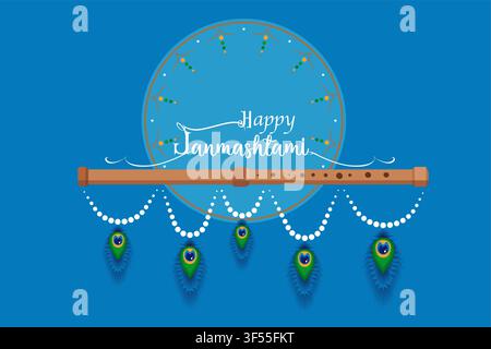 Happy Janmashtami, Indian Festival of of Krishna Janmashtami, peacock feather and wooden flute logo design, vector illustration isolated on blue Stock Vector