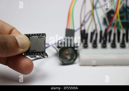 Sound module connected to breadboard circuit prototype Stock Photo