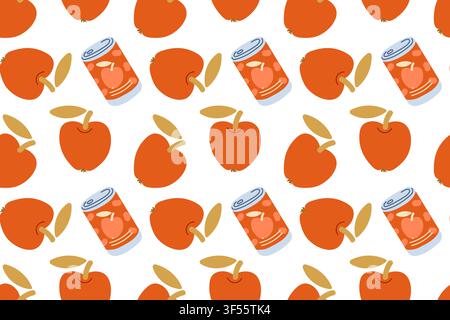 Seamless pattern with apple and apple drink in tin can. Fresh fruity repeat design. Vector illustration for juice packaging Stock Vector