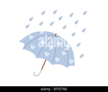 Cute umbrella with funny heart print under rain. Playful romantic rainy day. Vector illustration for sticker, weather app icon Stock Vector