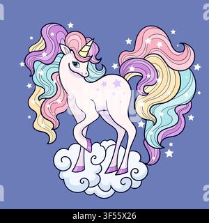 An adorable pastel unicorn standing on a fluffy cloud with a flowing rainbow mane, surrounded by sparkling stars in a magical fantasy scene. Suitable Stock Vector