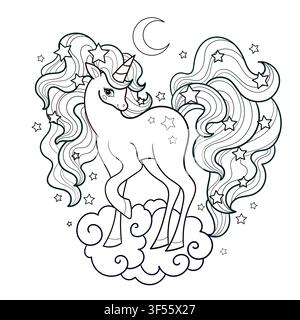 A beautiful unicorn on a cloud coloring page. Black and white line art. Suitable for coloring book designs, prints, posters, cards, stickers, etc. Vec Stock Vector