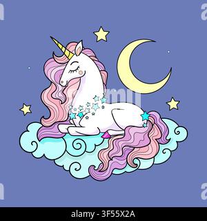 A cute unicorn resting on a soft cloud, surrounded by twinkling stars and a crescent moon. Suitable for children's designs, prints, posters, cards, st Stock Vector
