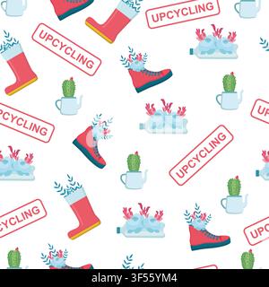 Upcycling. Vector seamless pattern with plastic bottles, shoes and teapots used as flower pots on white background Stock Vector