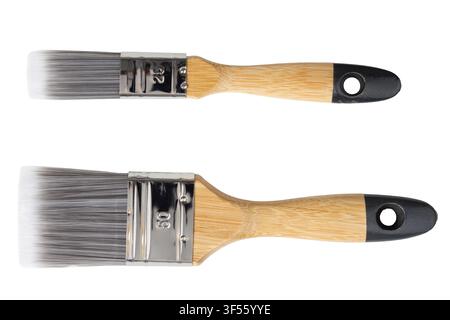 two paintbrushes with wooden handle isolated on white background Stock Photo