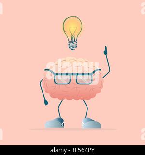 Brain With Lightbulb Above Head Having Idea, Pink Background, Illustration Stock Vector