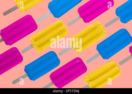 Vibrant popsicles in pink, blue, and yellow colors on pink background. Perfect for summer, ice cream, or sweet treats themes. Ideal for advertising, p Stock Photo