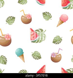 A summery seamless pattern featuring coconut drinks, watermelon, ice cream and tropical leaves Stock Vector
