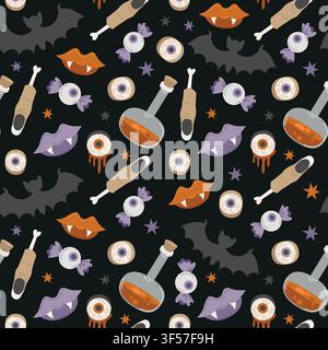 Hand-drawn Halloween seamless background with trick-or-treat candies, bat, potion and zombie severed finger for textile, packaging Stock Vector