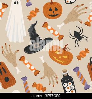 Hand-drawn Halloween seamless pattern with trick-or-treat sweet, ghost, spider, witch hat and Jack-o-lantern pumpkin for packaging Stock Vector