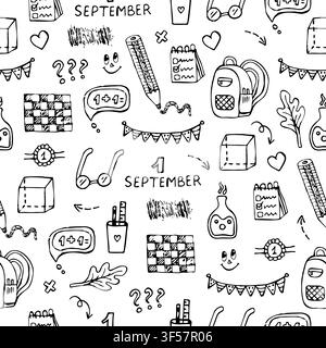 Back to school black line hand drawn seamless pattern with whimsical kawaii vector doodles. Endless background with backpacks, glasses, pencils, holid Stock Vector
