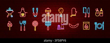 BBQ Grill Neon Objects Stock Vector