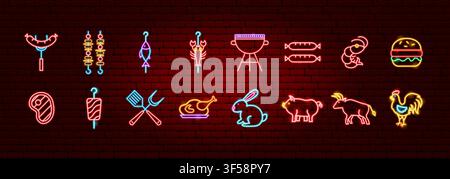 Grill BBQ Food Neon Objects Stock Vector