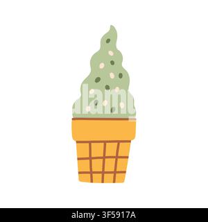 Pistachio green soft serve ice cream in a waffle cone with sprinkles vector illustration. Flat sweet frozen dessert element for summer menus, party Stock Vector