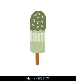 Pistachio ice cream popsicle with dark green glaze coating and sprinkles vector illustration. Flat sweet frozen dessert element for summer menus Stock Vector