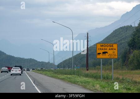 A moose crash area sign on the highway heading to Palmer, Alaska Stock Photo