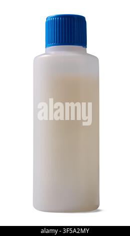 semi transparent plastic bottle isolated white background, blank unlabelled container with ribbed blue cap, mock-up template in close-up view Stock Photo