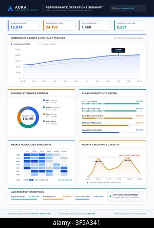 Professional data visualization dashboard featuring line graphs, donut charts, and progress bars for business analytics. Stock Vector