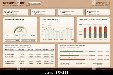 A flat vector illustration of a digital city management interface with charts and urban metrics. Stock Vector