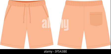 Flat design technical sketch of drawstring shorts with front and back views on white background. Stock Vector